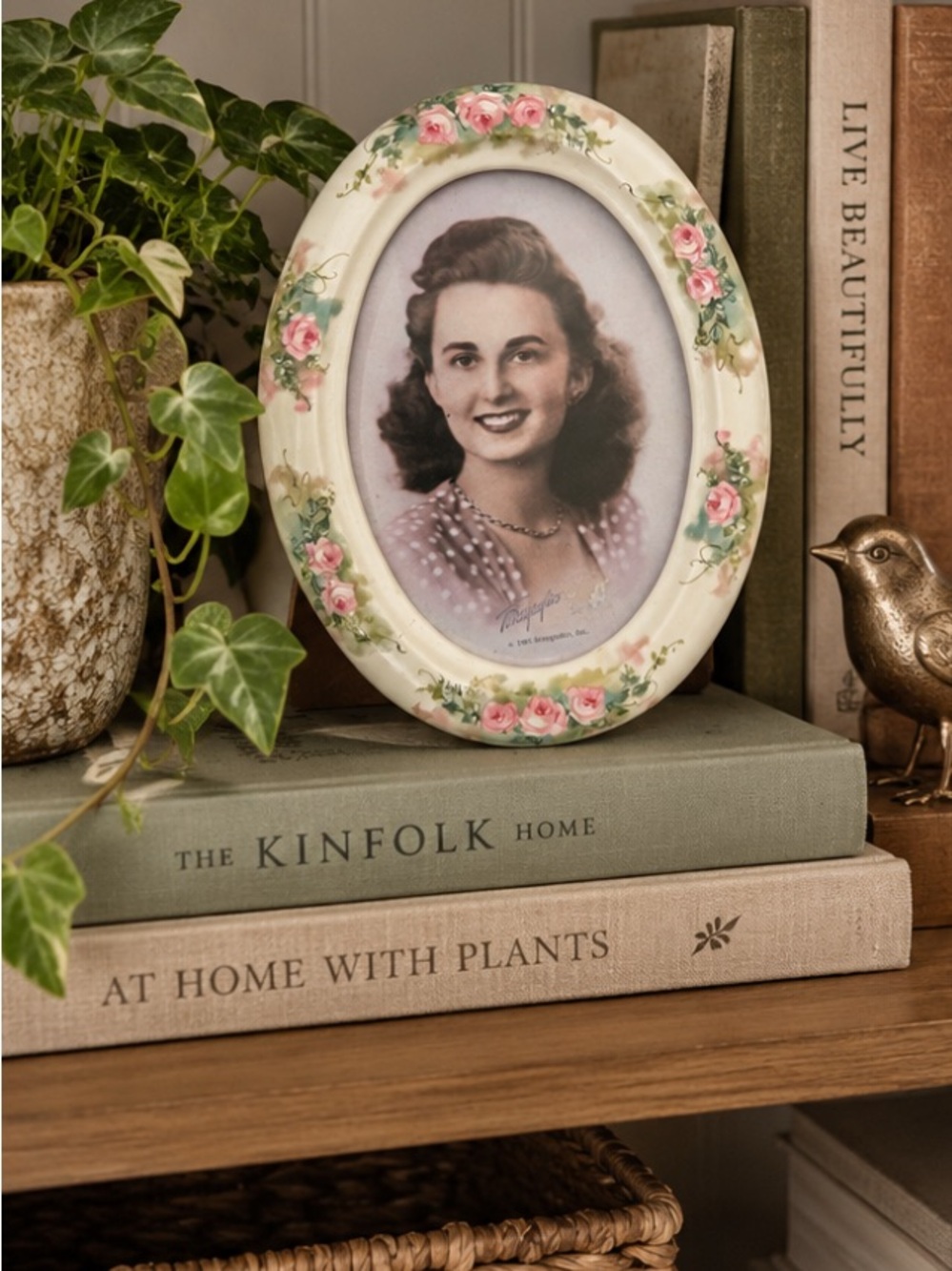 Vintage Terragrafics Ceramic Floral Oval Decorative Photo Frame Pink Roses 5 X 7